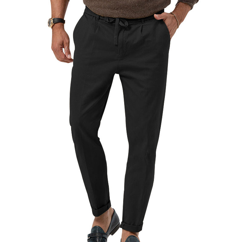 Men's Tapered Linen-Cotton Pants with Elastic Waistband, Drawstring and Cuffs Mune Fashion