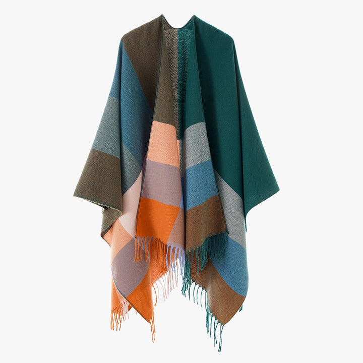 Women's Wool Blend Poncho with Check Pattern and Fringing Mune Fashion