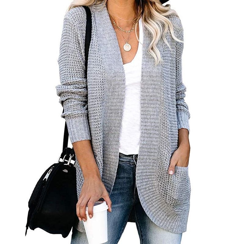 Women Long Open Knit Cardigan with Pockets, Ribbed Cuffs and Structured Waffle Look Mune Fashion