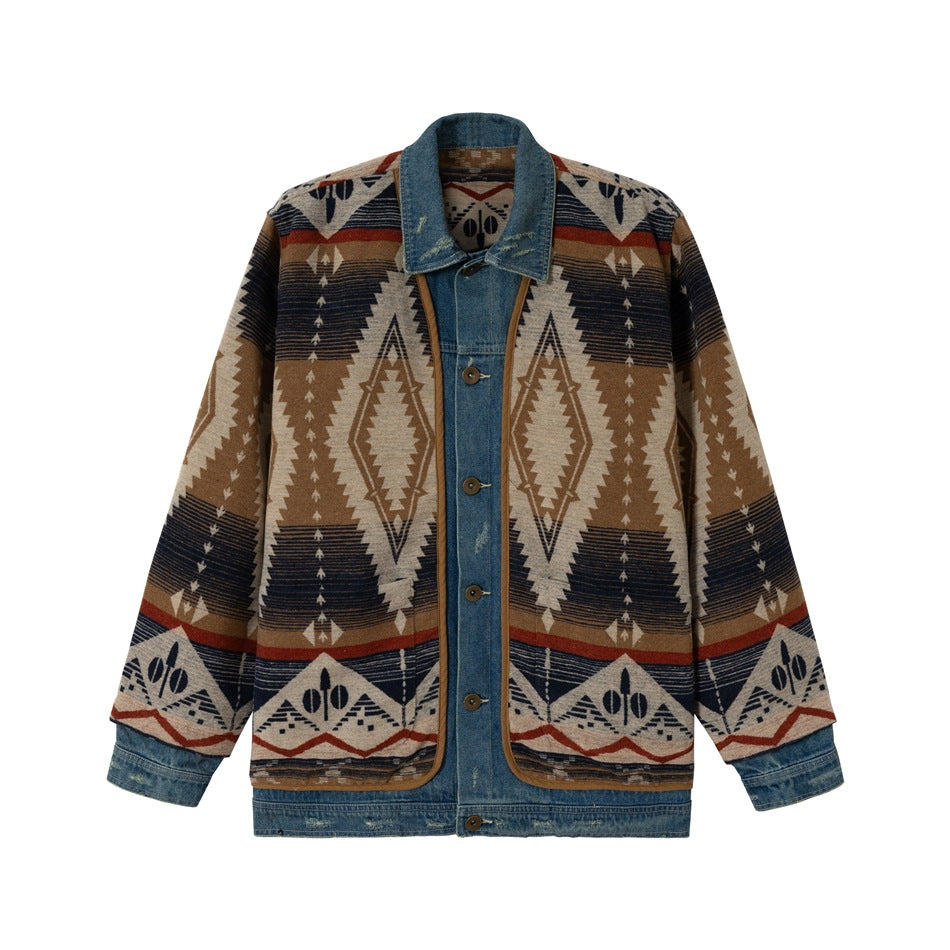 Unisex Loose-Fitting Jacquard Liner Jacket with Denim Trim and Graphic Ethno Pattern Mune Fashion