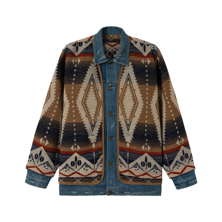 Unisex Loose-Fitting Jacquard Liner Jacket with Denim Trim and Graphic Ethno Pattern Mune Fashion
