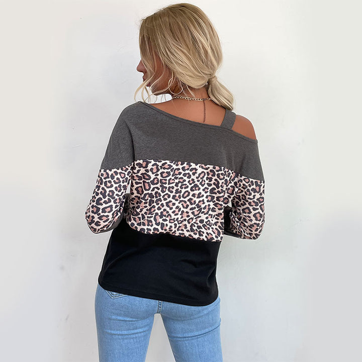 Women's Casual Off-Shoulder Sweater with Leopard Print, Contrast Blocks and Spaghetti Straps Mune Fashion
