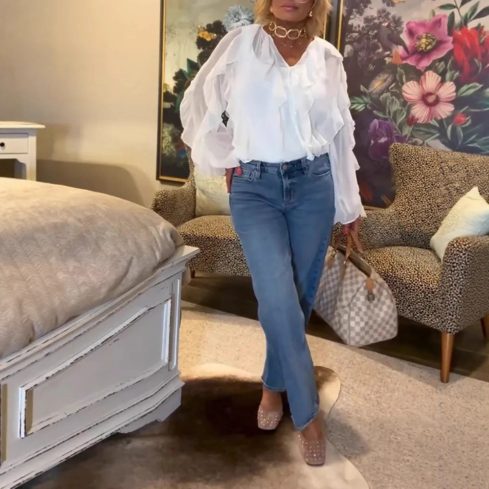 Women's semi-transparent layered ruffle blouse made of chiffon with balloon sleeves and hidden button placket Mune Fashion