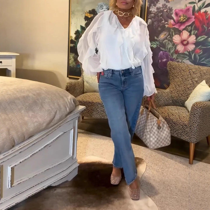 Women's semi-transparent layered ruffle blouse made of chiffon with balloon sleeves and hidden button placket Mune Fashion