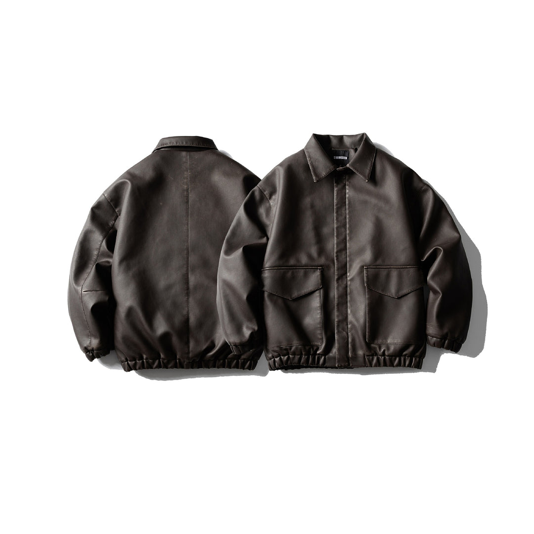Men's Oversized Faux Leather Bomber Jacket with Flap Pockets, Concealed Closure and Elastic Hem Mune Fashion