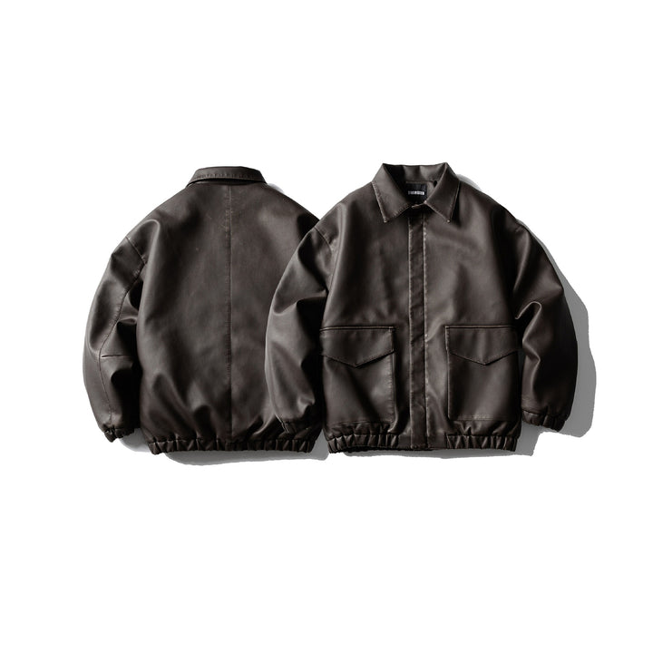 Men's Oversized Faux Leather Bomber Jacket with Flap Pockets, Concealed Closure and Elastic Hem Mune Fashion