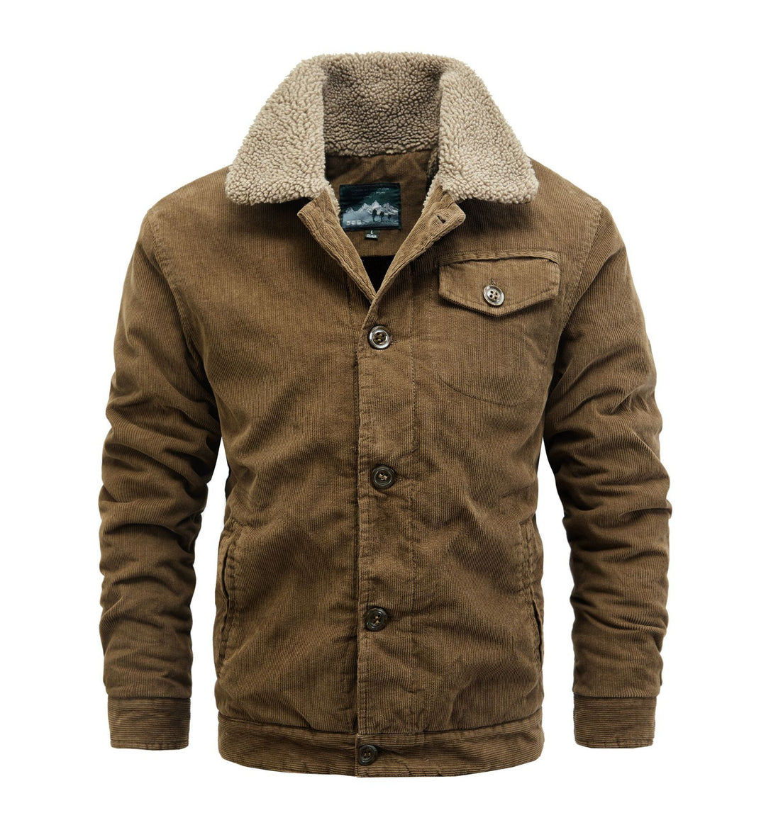 Men's Cord Trucker Jacket with Continuous Sherpa Lining and Shirt Collar Mune Fashion