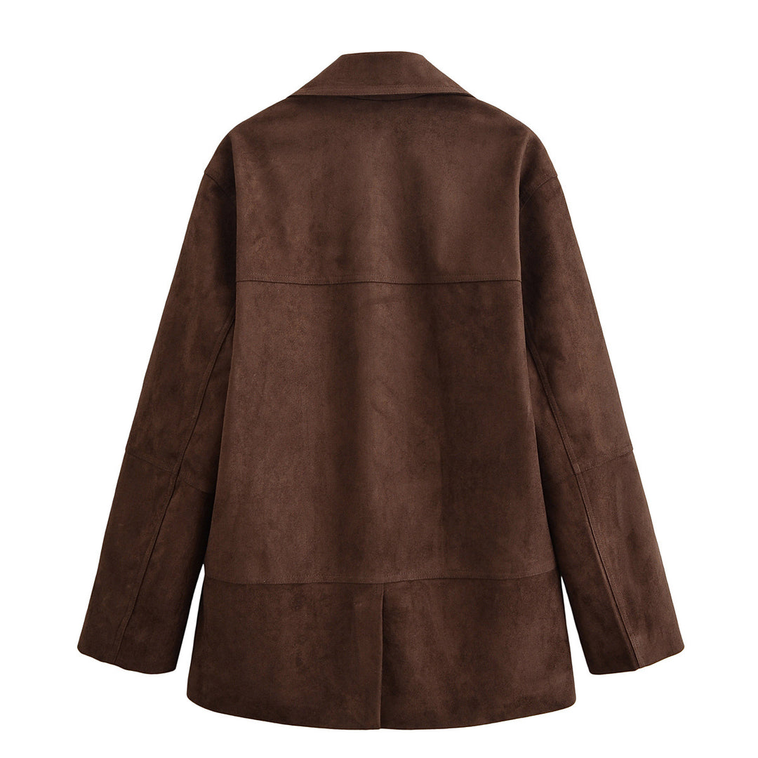 Women's Oversized Suede Look Blazer Jacket with Lapel Collar and Flap Pockets Mune Fashion