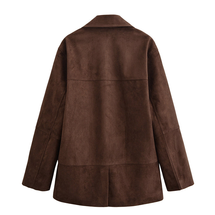 Women's Oversized Suede Look Blazer Jacket with Lapel Collar and Flap Pockets Mune Fashion