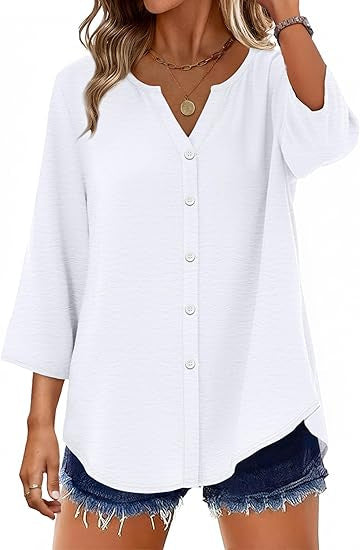 Ladies Light V-Neck Blouse Jacket with 3/4 Sleeves, Curved Hem and Continuous Button Placket Mune Fashion