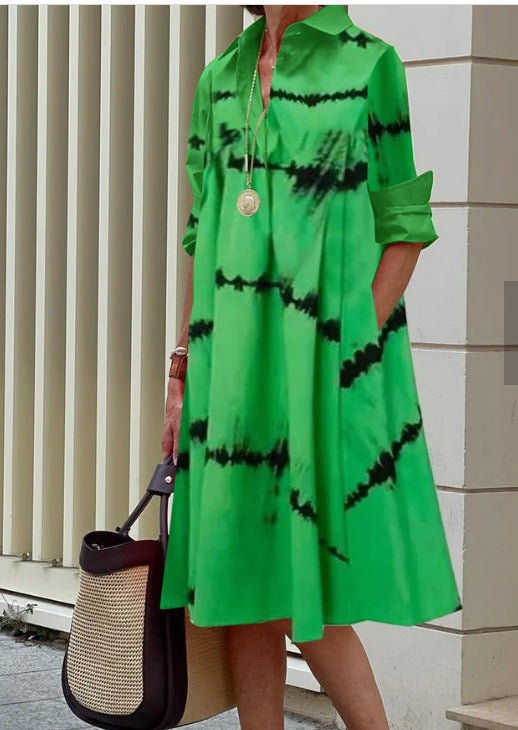 Women's Loose Shirt Dress in Satin Look with Baroque Chain Print and 3/4 Sleeves Mune Fashion