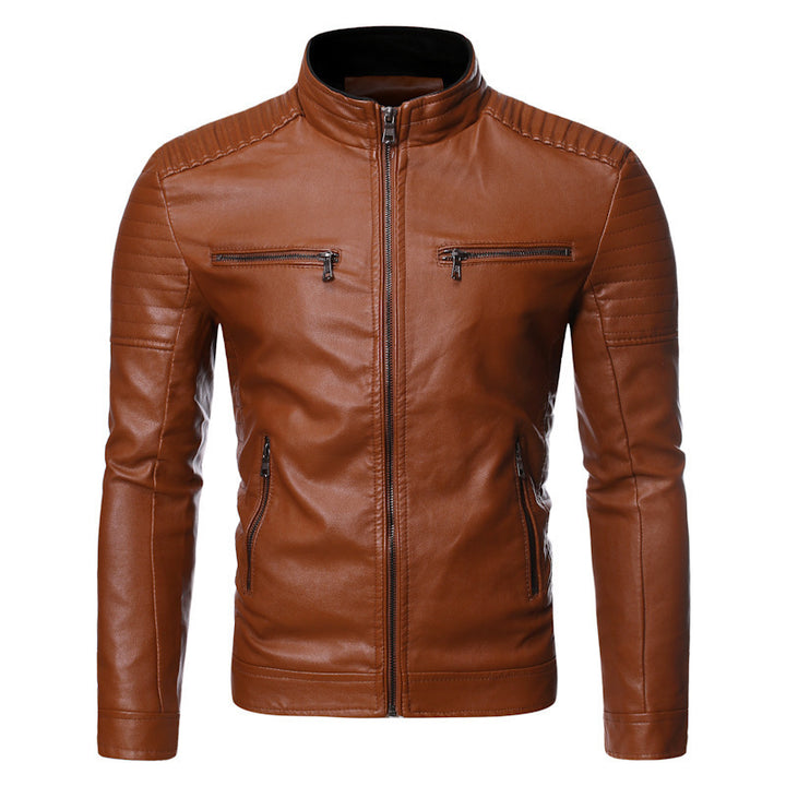 Men's Sporty Leather Jacket with Stand-up Collar Mune Fashion