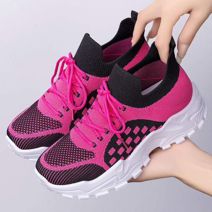 Women’s lightweight knit chunky sneakers with sock-like shaft, padded heel support, and grippy trail outsole Mune Fashion