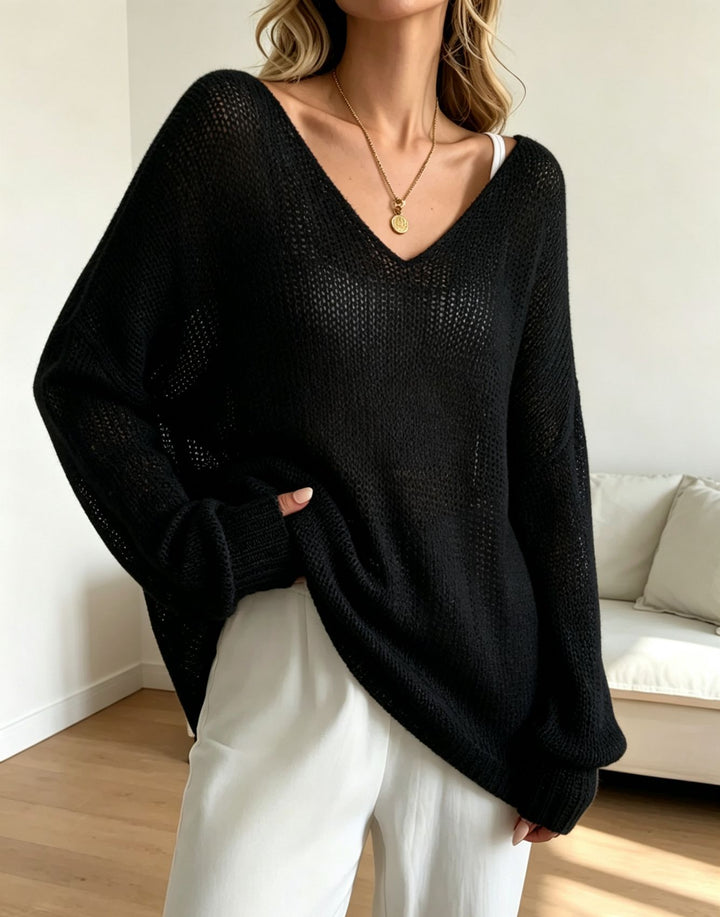 Women's Oversized Knit Sweater with Deep V-Neck and Fine Open Knit Structure Mune Fashion