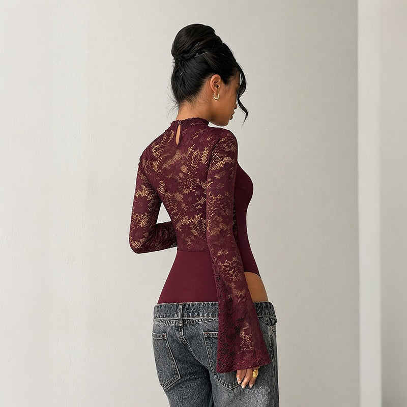 Women's lace bodysuit with cut-out, off-the-shoulder look and flared trumpet sleeves Mune Fashion