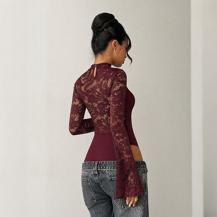 Women's lace bodysuit with cut-out, off-the-shoulder look and flared trumpet sleeves Mune Fashion