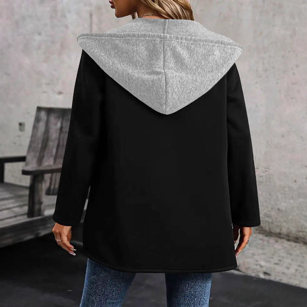Women's Long Hooded Cardigan with Contrasting Trim, Drawstring and Pockets Drune