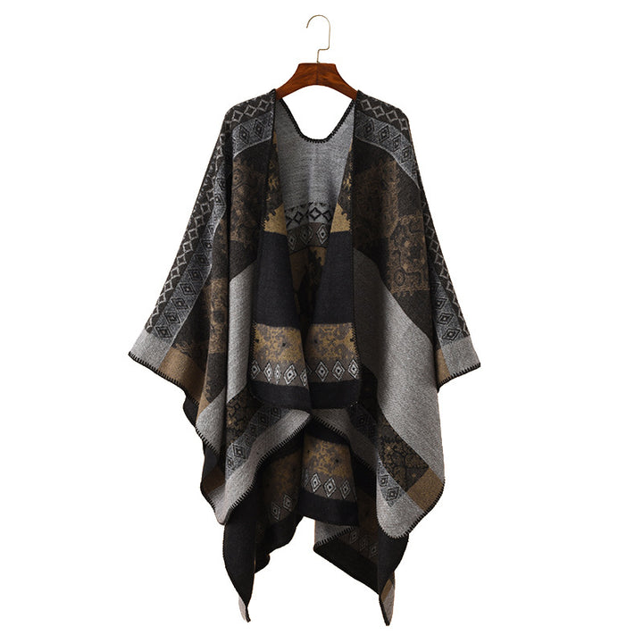 Women's Oversize Knit Poncho with Folk Jacquard Pattern Mune Fashion