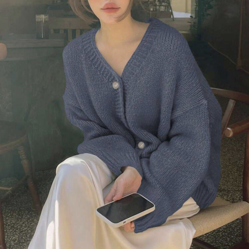 Women's Oversized Cardigan with Deep V-Neck, Balloon Sleeves, and Decorative Button Placket Mune Fashion