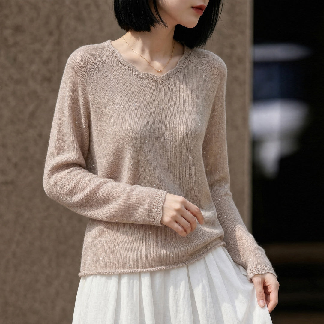 Women lightweight fine knit sweater with subtle glitter look and raglan sleeves Mune Fashion