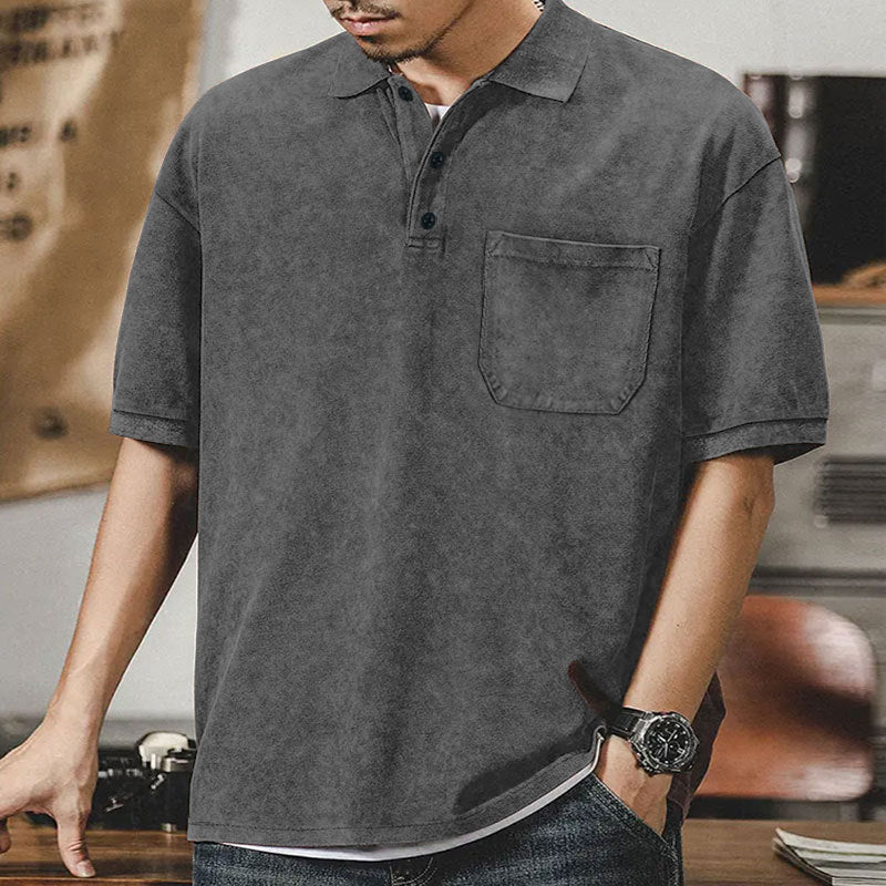 Men's loosely cut cotton polo shirt with a patch chest pocket and short button placket Mune Fashion