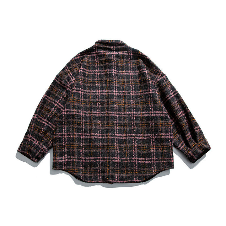 Unisex Boucle Check Shirt Jacket with Quilted Lining, Rounded Hem and Shirt Collar Mune Fashion