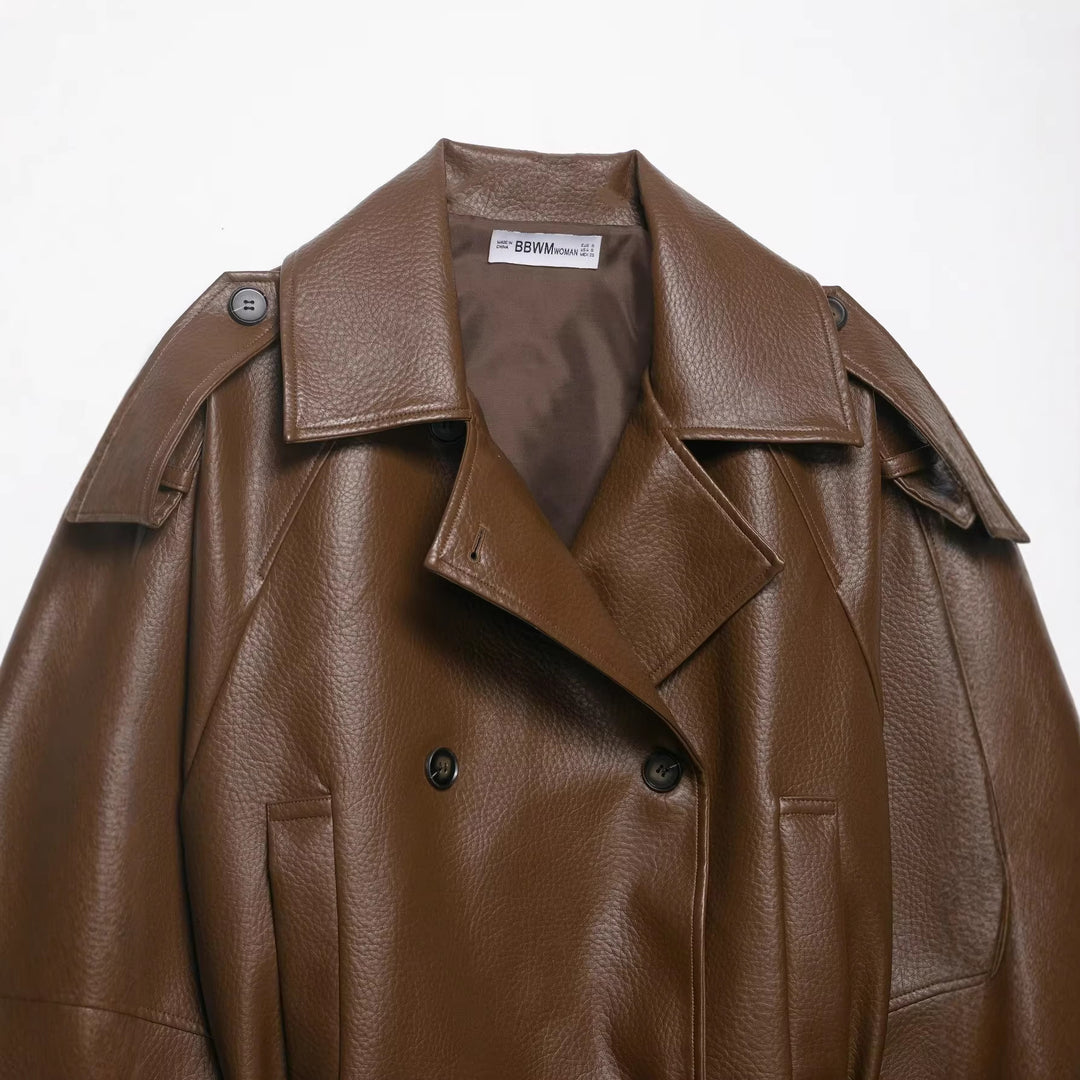 Women's Short Trench Coat in Leather Look with Double-Breasted Button Placket, Shoulder Epaulettes and Waist Belt Mune Fashion