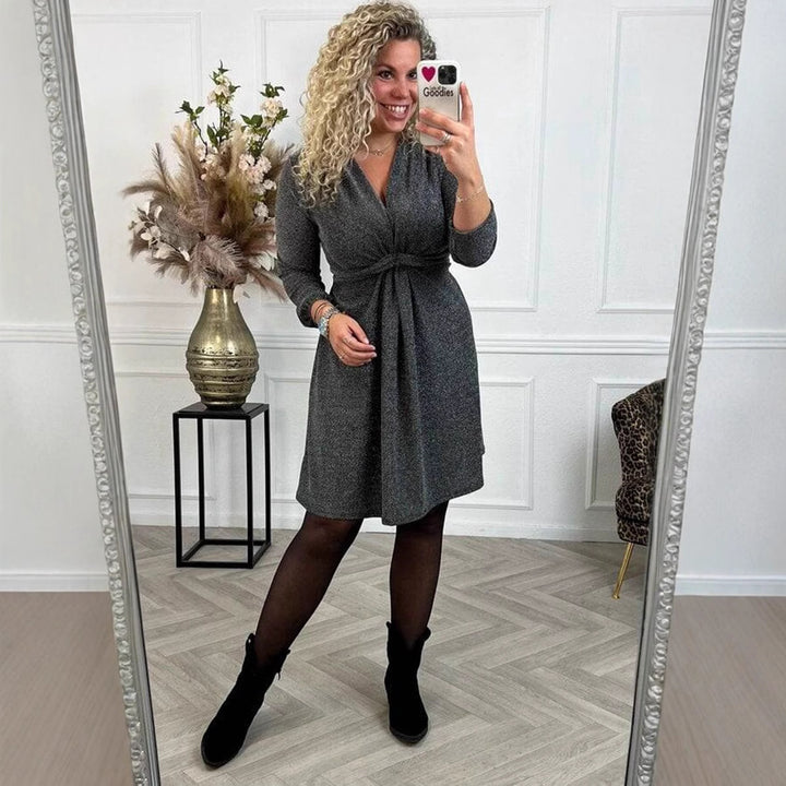 Women's knee-length V-neck dress with gathered waistband made of lightweight glossy knit Mune Fashion
