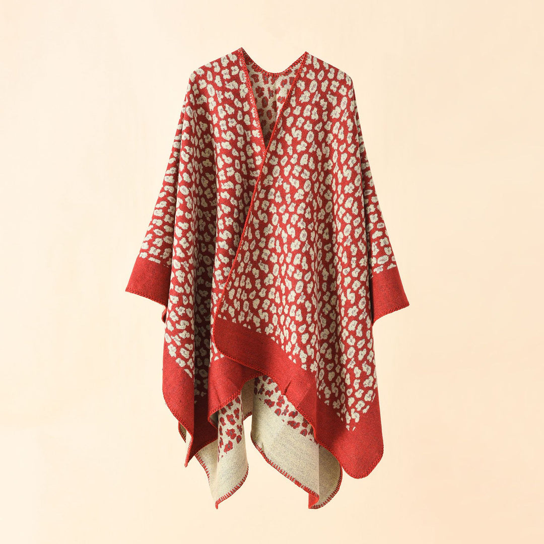 Women Wool Blend Ruana with tonal leopard jacquard and boxy kimono drape