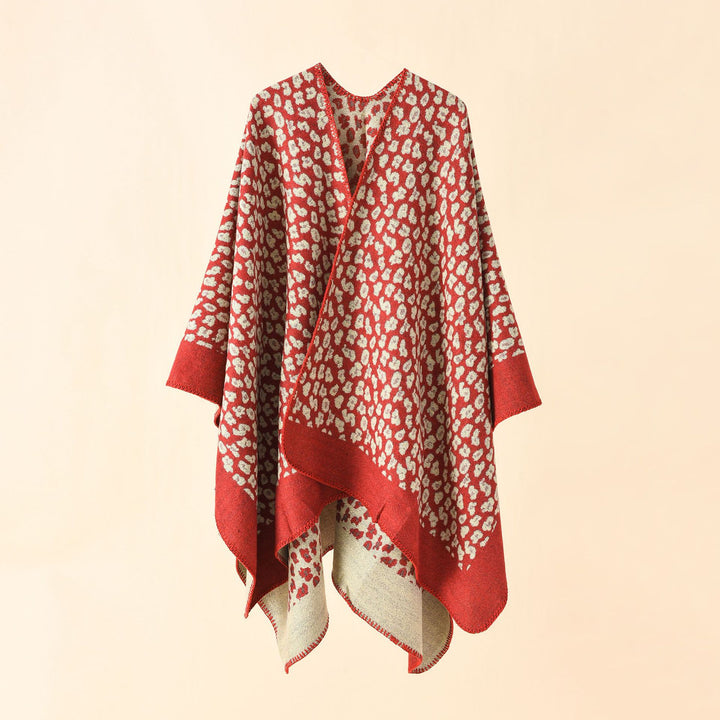 Women Wool Blend Ruana with tonal leopard jacquard and boxy kimono drape