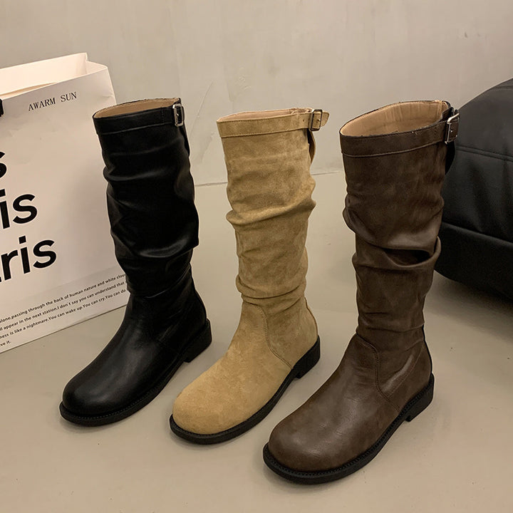 Women's suede knee-high boots with gathered shaft and adjustable buckle tab Mune Fashion