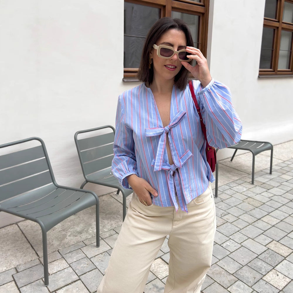 Women's Striped Tie Blouse with Bow Front, V-Neck & Balloon Sleeves Mune Fashion