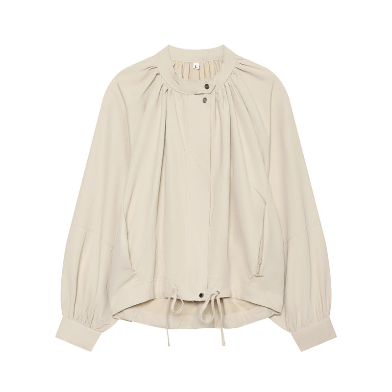 Women's Lightweight Blouson Jacket with Gathered Stand Collar, Balloon Sleeves, and Drawstring Mune Fashion