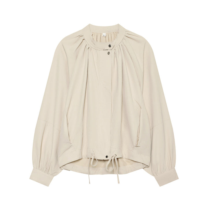 Women's Lightweight Blouson Jacket with Gathered Stand Collar, Balloon Sleeves, and Drawstring Mune Fashion