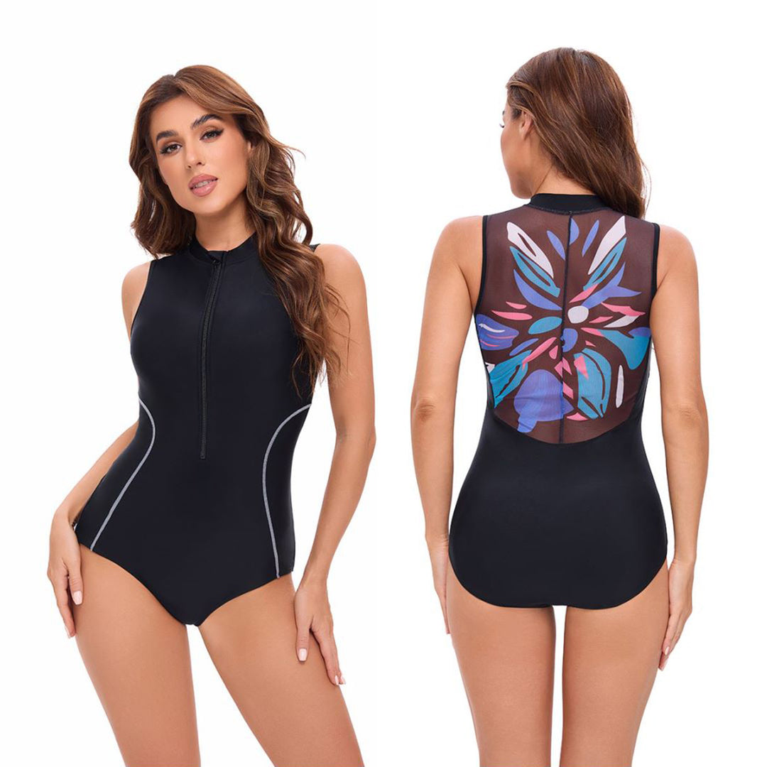 Damen Sportlicher Neopren-Badeanzug mit hohem Kragen und Reißverschluss Echo Archiv