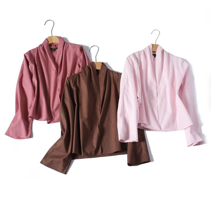 Women's Lightweight Viscose Blouse with Open Shawl Collar and Boxy Silhouette Mune Fashion