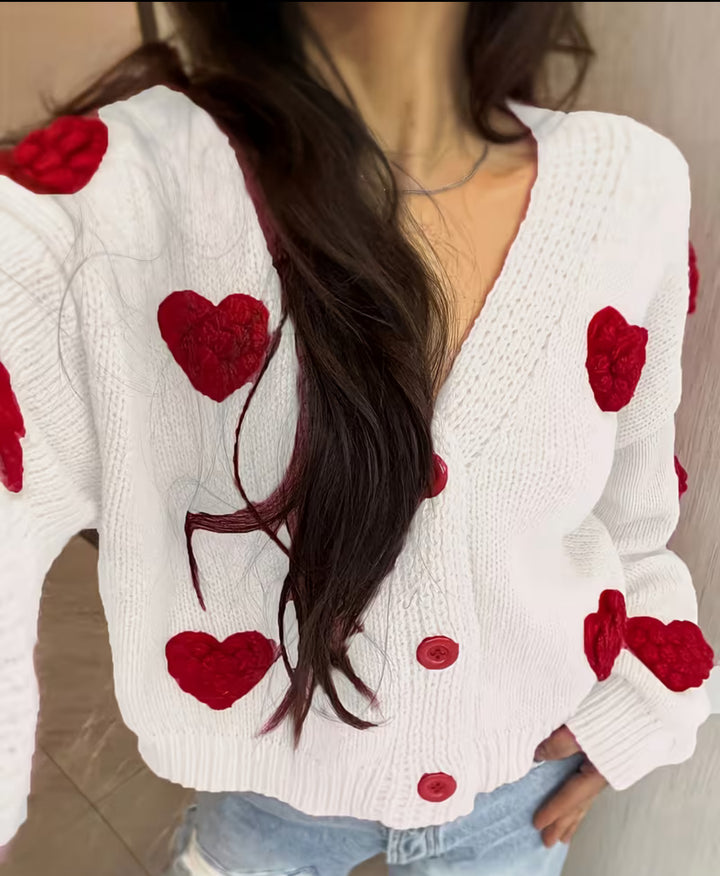 Women's Short-Cut V-Neck Cardigan with Embossed Heart Appliqués and Decorative Buttons Mune Fashion