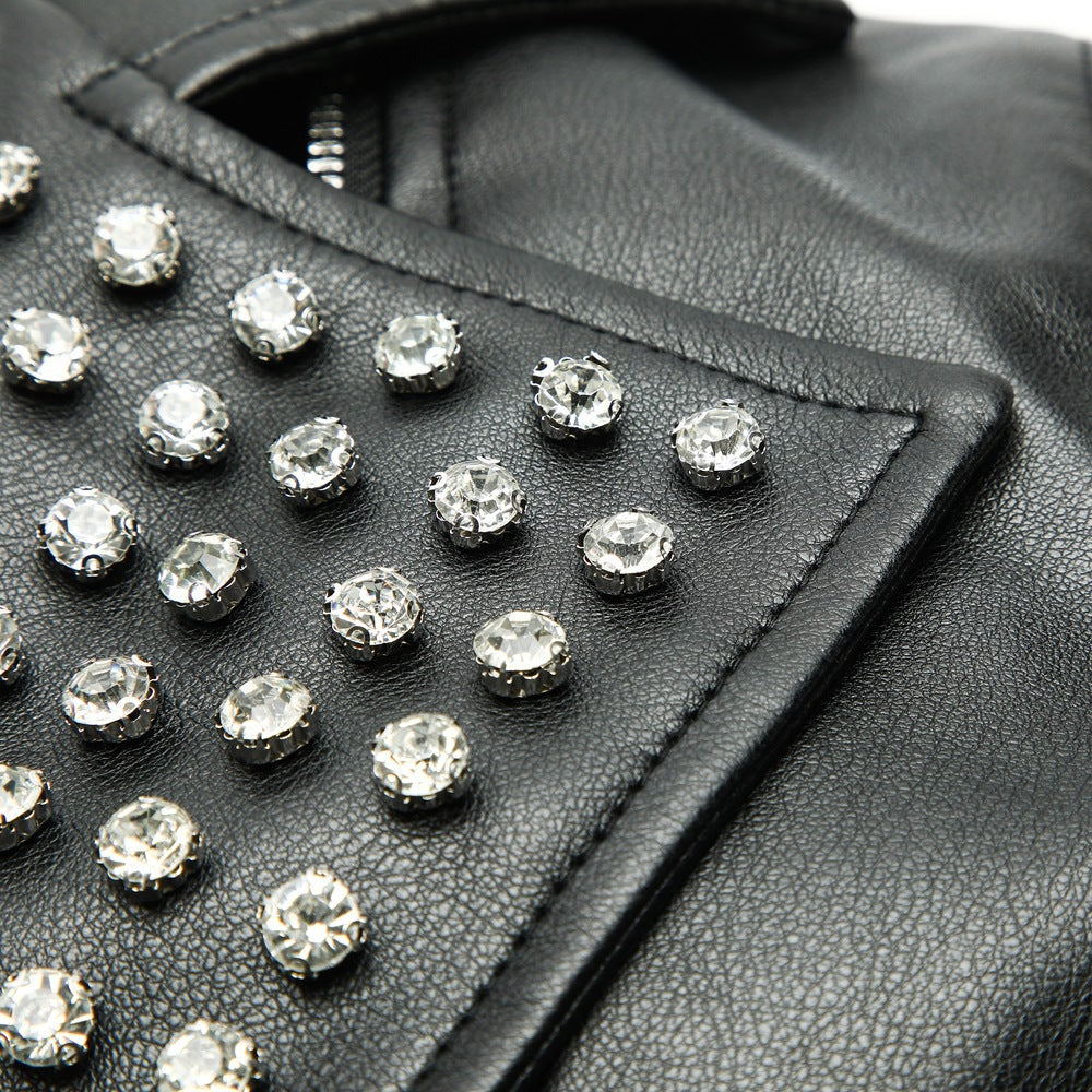 Women's Asymmetrical Biker Jacket made of Faux Leather with Studded Lapel and Quilted Arm Zone Mune Fashion