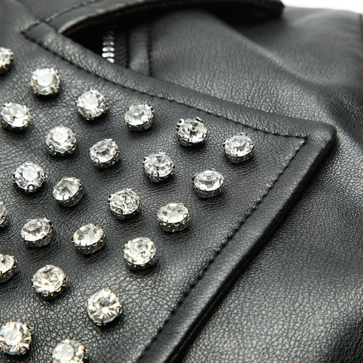 Women's Asymmetrical Biker Jacket made of Faux Leather with Studded Lapel and Quilted Arm Zone Mune Fashion