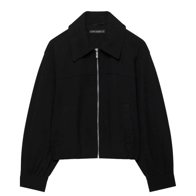 Women’s Short Cut Wool Bomber Jacket with Zipper and Elastic Hem Mune Fashion