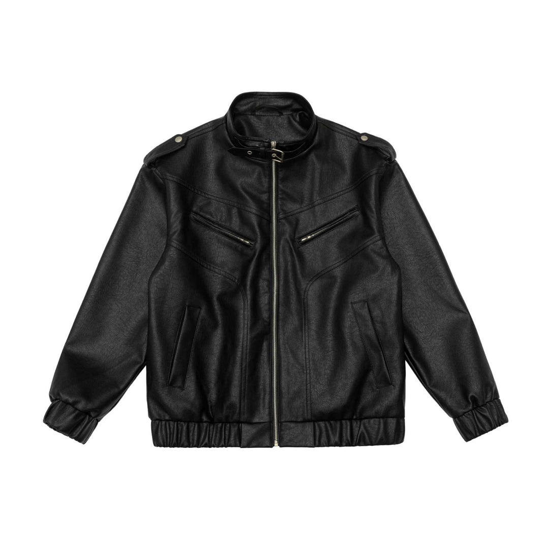 Men's leather bomber jacket with funnel collar and shoulder epaulettes Mune Fashion