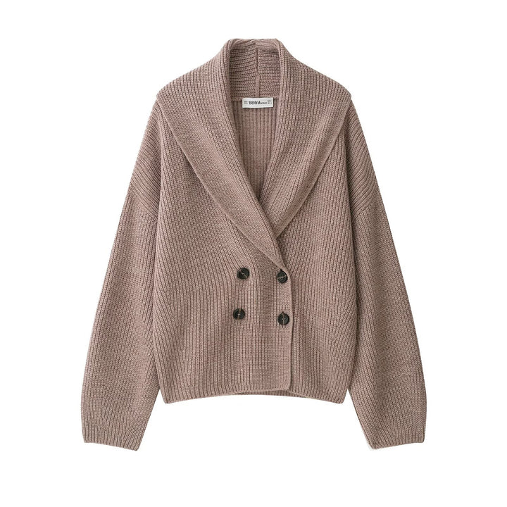 Women's Short Cut Chunky Knit Cardigan with Shawl Collar and Double-Breasted Button Placket Mune Fashion