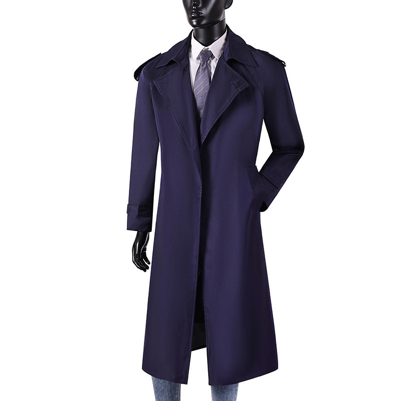 Men's elegant knee- to calf-length trench coat with concealed button placket and shoulder epaulettes Mune Fashion