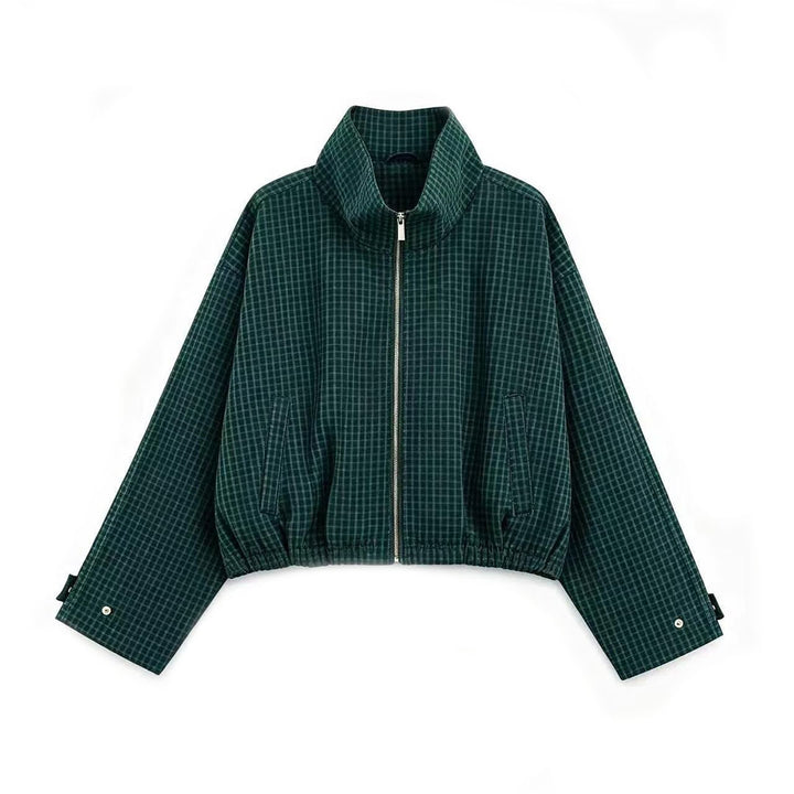 Women's Cropped Transition Jacket with High Funnel Collar, Check Pattern and Elastic Hem Mune Fashion