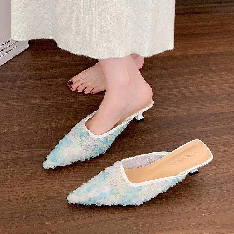 Women's pointed toe mesh mules with three-dimensional floral appliqués and padded comfort footbed Mune Fashion