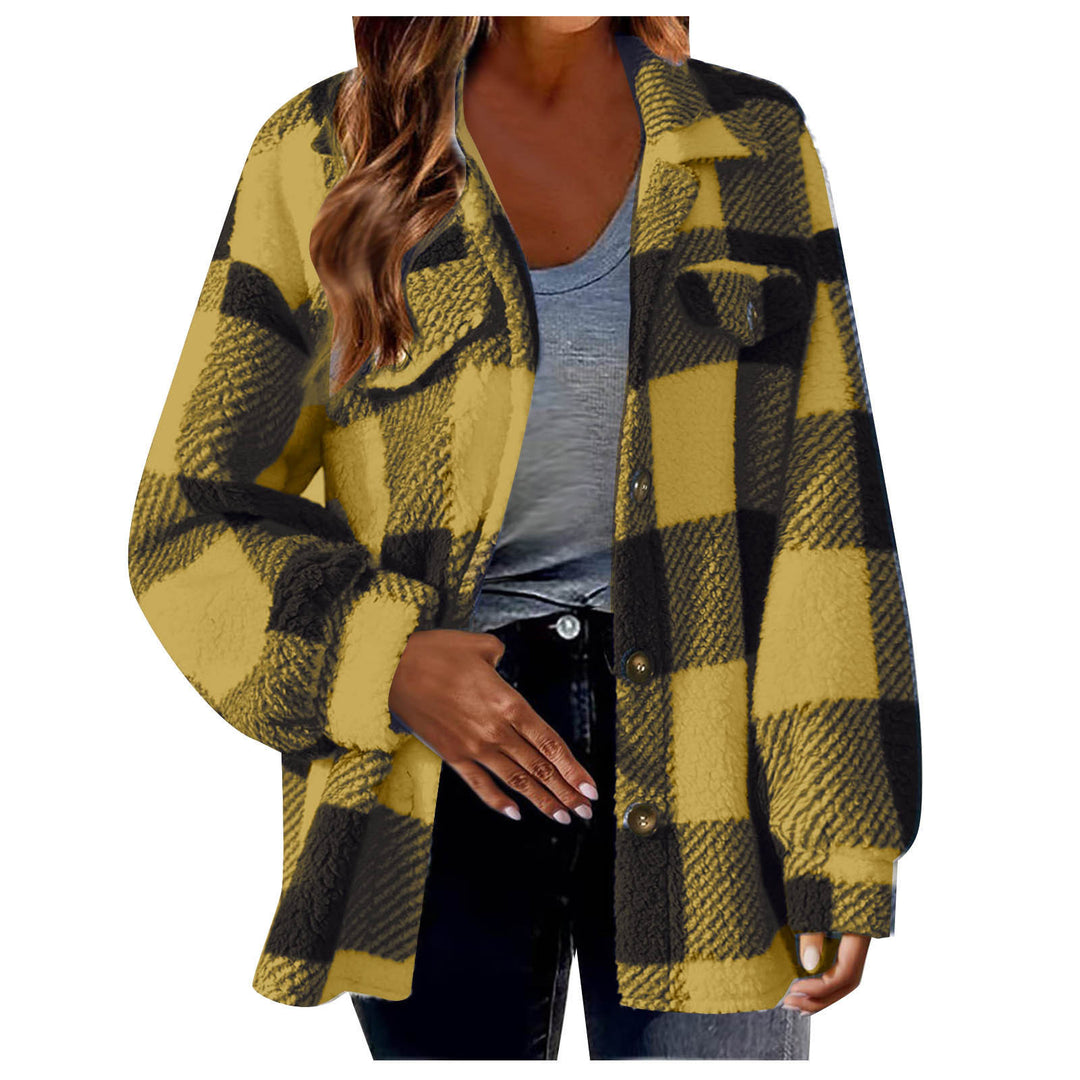 Women's cozy Sherpa check transitional jacket with chest pockets and generous oversized cut Mune Fashion