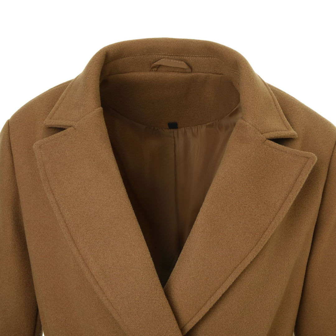 Women’s coat in wool look with double-breasted front, waist belt, and flap pockets Mune Fashion