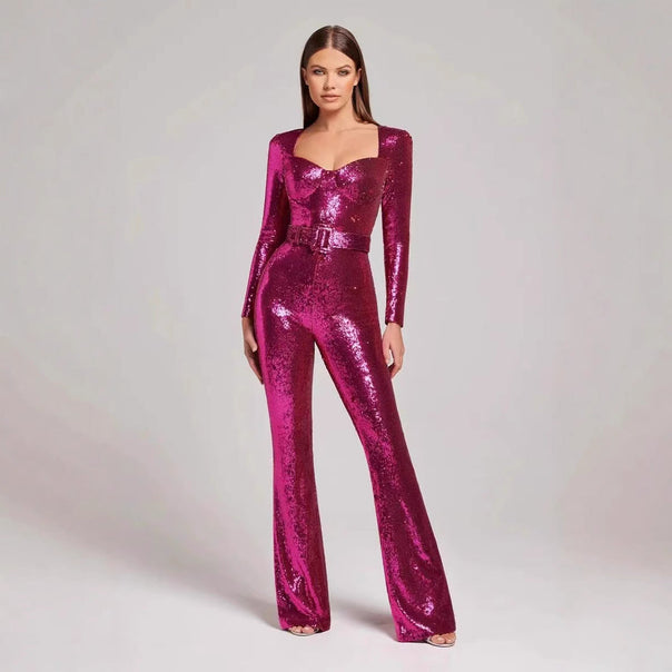 Ladies Glamorous Sequin Jumpsuit with Chic Waistline Mune