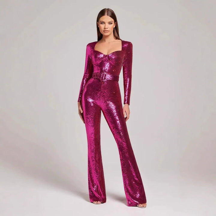 Ladies Glamorous Sequin Jumpsuit with Chic Waistline Mune