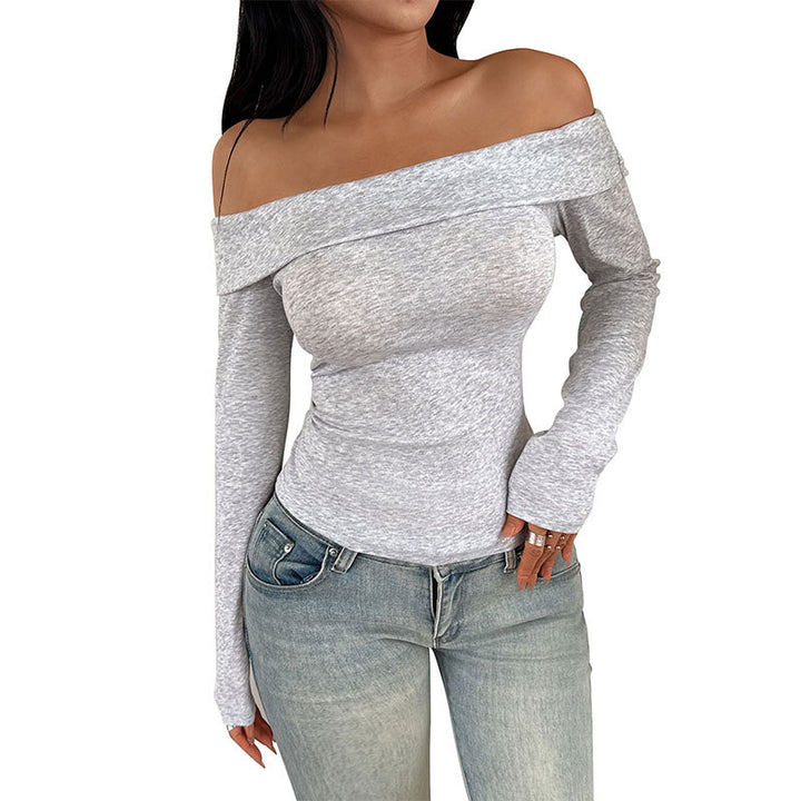 Ladies Off-Shoulder Long Sleeve Top with Fitted Cut and Fine Ribbed Knit Mune Fashion